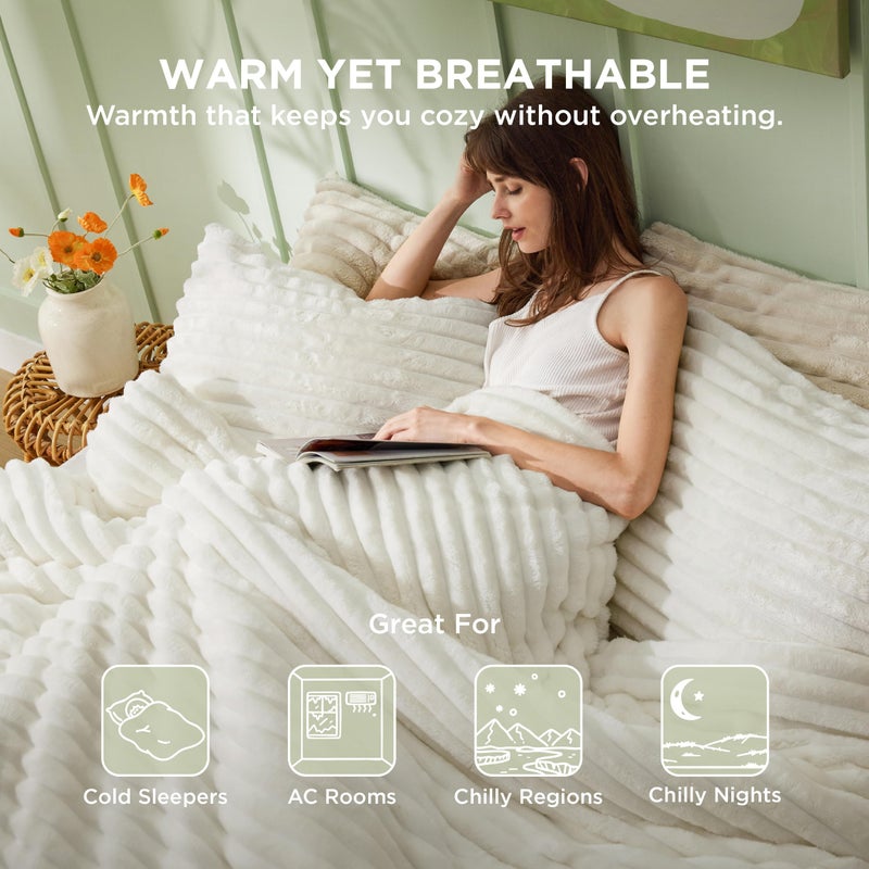 Bedsure Full Size Comforter Sets - GentleSoftâ„¢ 3 Pieces Double-Side Fleece Fluffy White Comforter Set, Cozy Striped Room Decor Aesthetic, Luxury Full Size Bedding, 2 Pillowcases, 82x86 Inches - Image 3