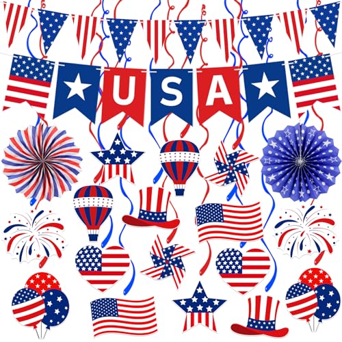 Labrostar 4th of July Decorations Patriotic Decorations USA Banner Paper Fans Pennant Hanging Swirl Fourth of July Independence Veterans Labor Presidents Flag Memorial Day Red White and Blue Decorations - Image 1