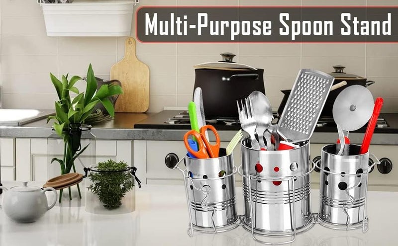 COVETKART Self Draining Tableware Utensil Storage Box- Spoon,Knife,Fork,Chopstick,Steel Cutlery Holder/Organizer Stand For Kitchen Kitchen Utensil Organizer, 3 Compartments, Silver, Storage RacK - Image 4