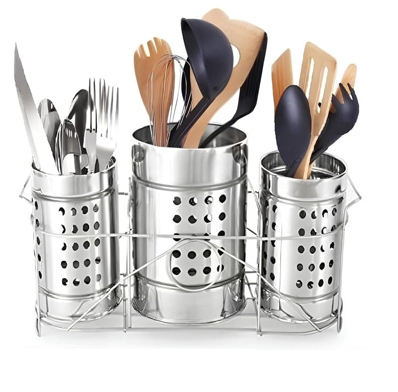 COVETKART Self Draining Tableware Utensil Storage Box- Spoon,Knife,Fork,Chopstick,Steel Cutlery Holder/Organizer Stand For Kitchen Kitchen Utensil Organizer, 3 Compartments, Silver, Storage RacK - Image 1
