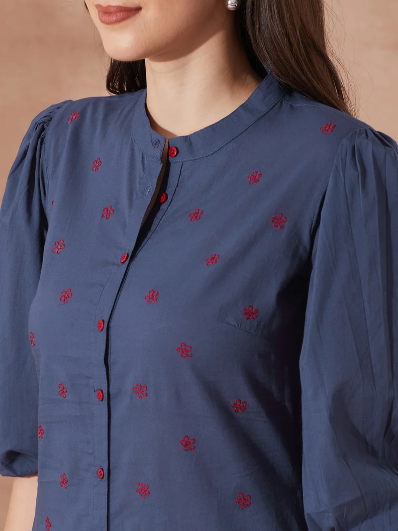 globus Women Blue Round Neck Puff Sleeves Floral Embroidered Tiered Flared Hem Midi A-Line Dress