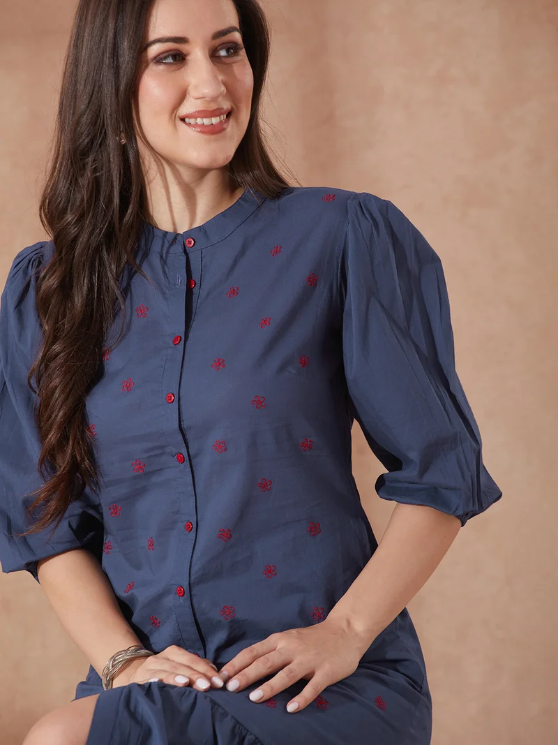 globus Women Blue Round Neck Puff Sleeves Floral Embroidered Tiered Flared Hem Midi A-Line Dress
