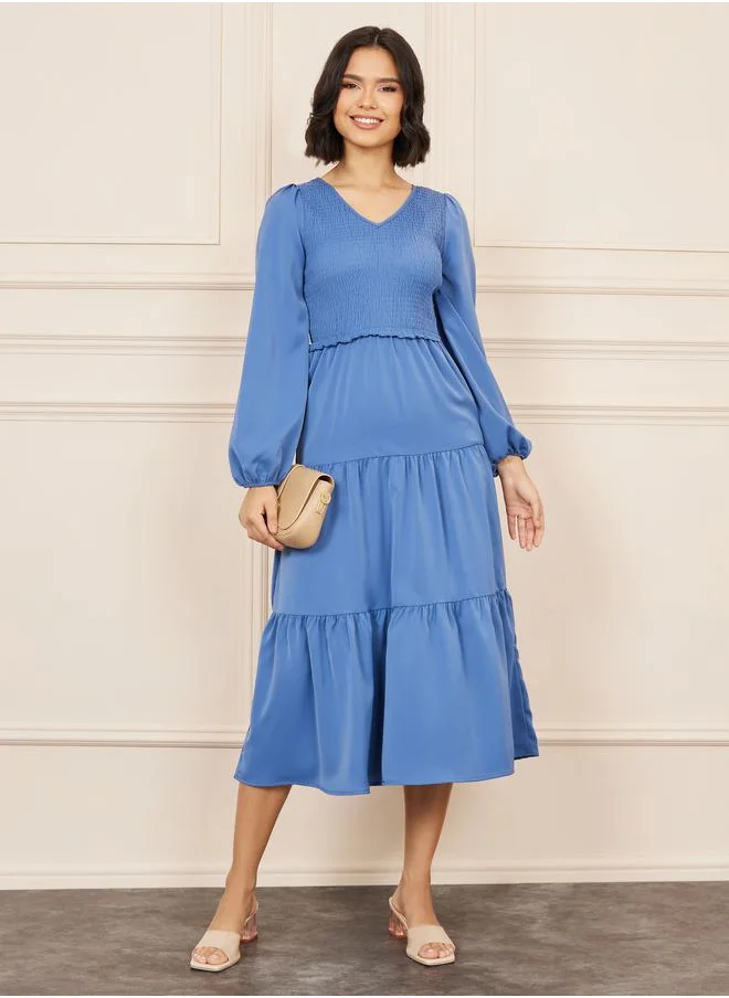 Styli Smocked Ruffle Detail Tiered Midi Dress
