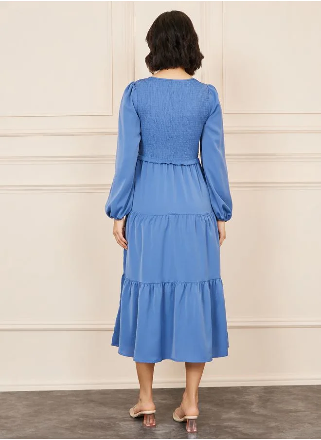 Styli Smocked Ruffle Detail Tiered Midi Dress