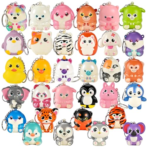 GOLDGE 32 Pcs Squishy Animal Keychains Colorful Party Favors Goodie Bag Pinata Stuffers Classroom Carnival Prizes Treasure Box Toys for Kids 32 Pcs Squishy Animal Keychains - Image 1