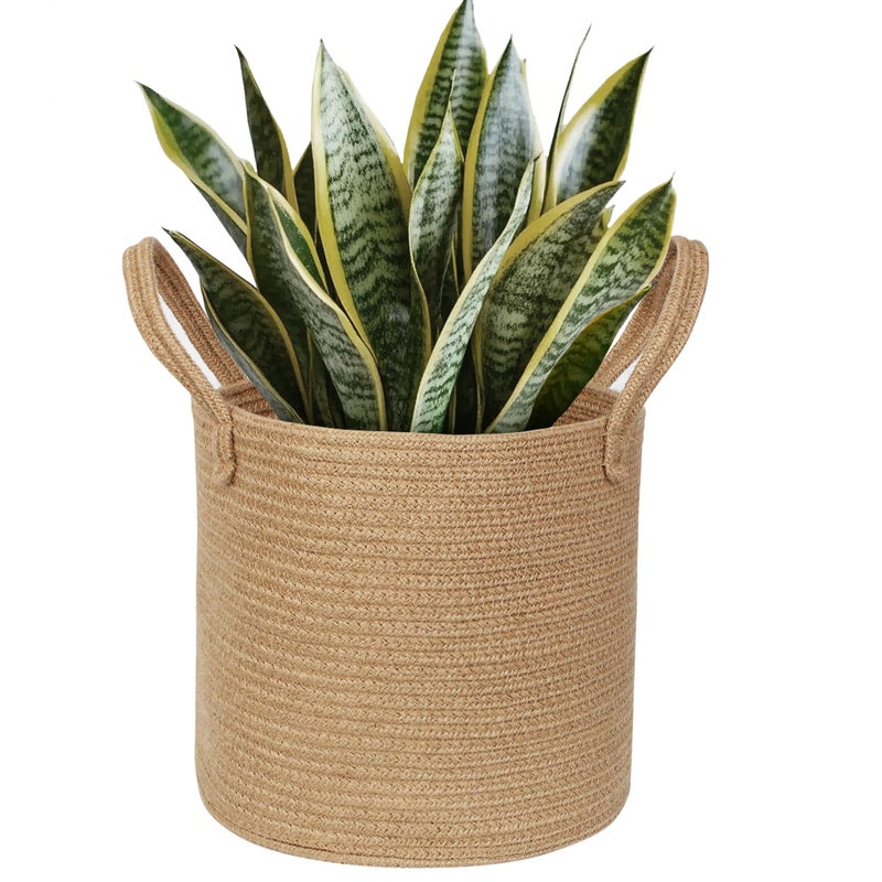WILLITAT Round Wicker Basket with Handle, 11"x11" Woven Jute Plant Basket for 10" Pot, Indoor Boho Tree Planter, Decorative Flower Pot Cover, Rustic Holder for Plants and Decor, Shoe Bin for Entryway - Image 1