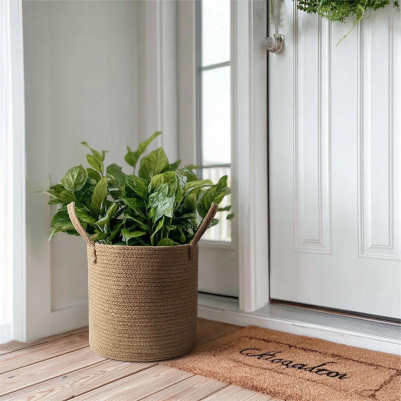 WILLITAT Round Wicker Basket with Handle, 11"x11" Woven Jute Plant Basket for 10" Pot, Indoor Boho Tree Planter, Decorative Flower Pot Cover, Rustic Holder for Plants and Decor, Shoe Bin for Entryway - Image 5