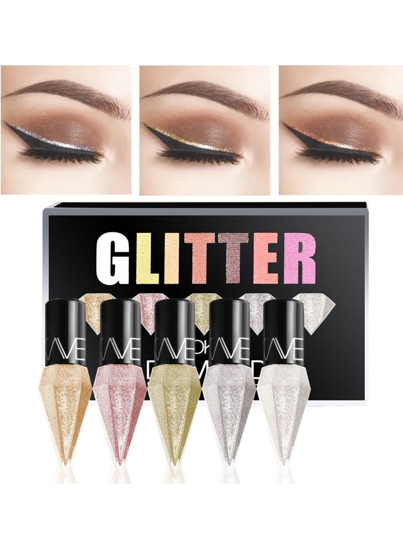 Glitter 5pcs Shimmer Eyeliner & Eyeshadow Stick Set - Waterproof, Smudge-Proof, Silvery Rose Golden Glitter Eyeliner & Eyeshadow Makeup - Image 1