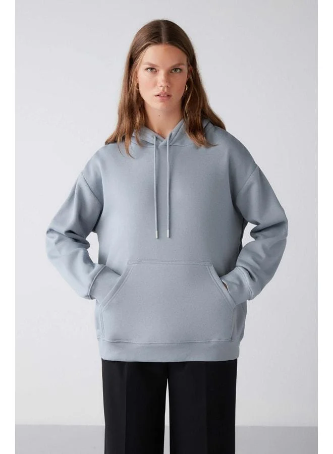 GRIMELANGE Adel Women's Organic Cotton Fleece-Lined Super Soft Relaxed Kangaroo Pocket Hooded Blue Sweatshirt.