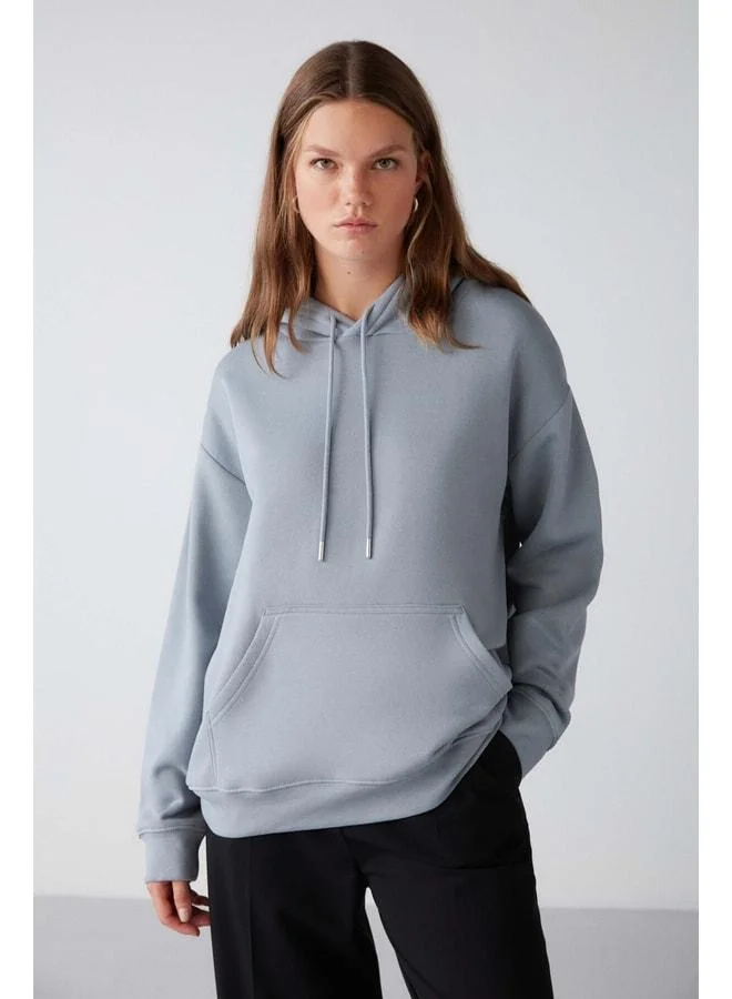 GRIMELANGE Adel Women's Organic Cotton Fleece-Lined Super Soft Relaxed Kangaroo Pocket Hooded Blue Sweatshirt.