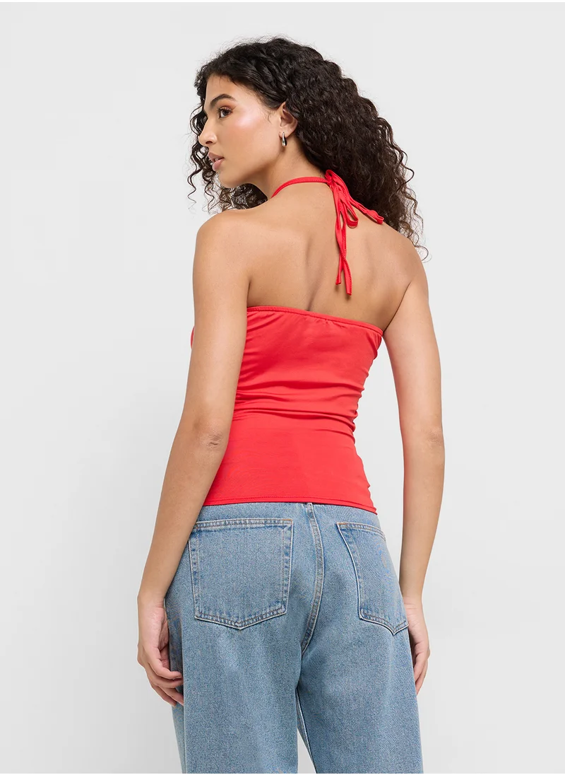 جينجر Halter Neck Crosage Detail Ruched Top