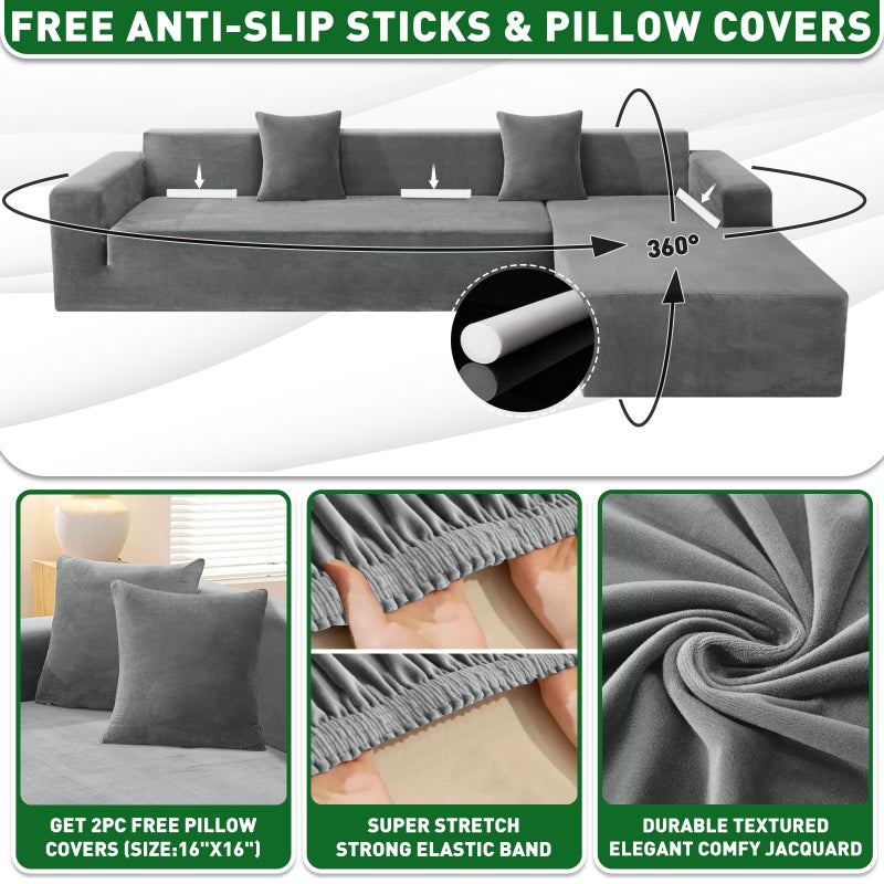 ZNSAYOTX 2026 Soft Velvet Sectional Couch Covers, Luxury Plush Slipcovers with Elastic Bottom for L Shape Sectional Sofa, 2 Pcs Pet Friendly Protector (3 Seat Couch + 3 Seat Chaise, Grey) - Image 2