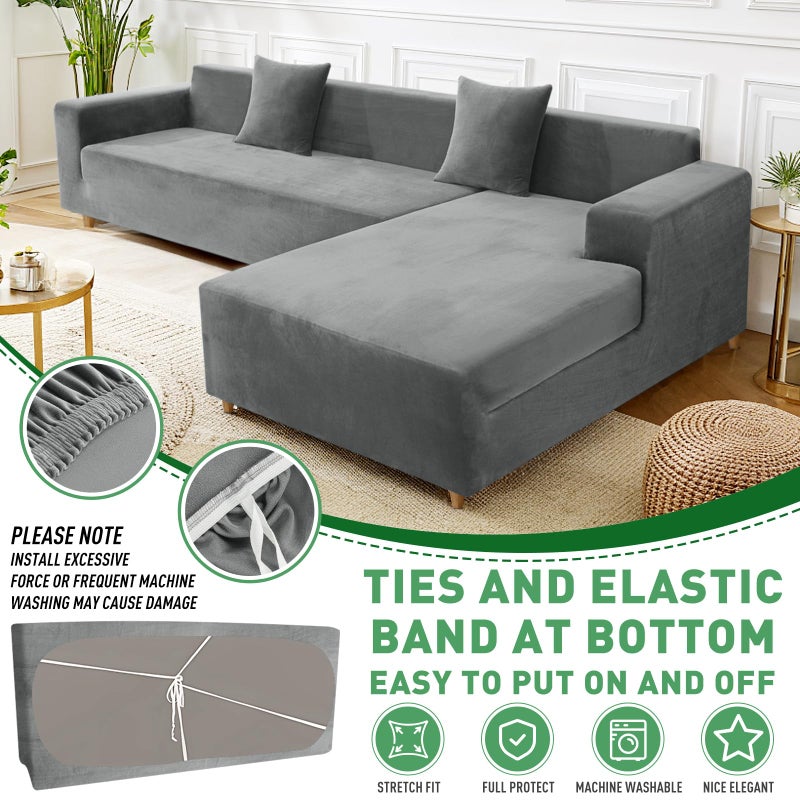 ZNSAYOTX 2026 Soft Velvet Sectional Couch Covers, Luxury Plush Slipcovers with Elastic Bottom for L Shape Sectional Sofa, 2 Pcs Pet Friendly Protector (3 Seat Couch + 3 Seat Chaise, Grey) - Image 3