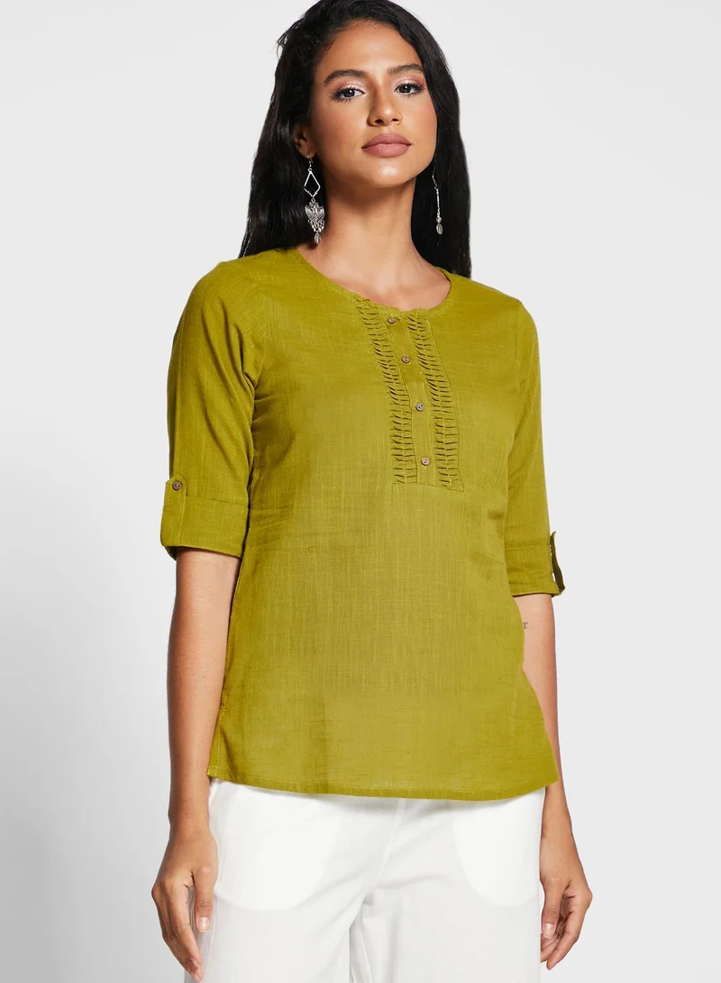 kolaba Cotton Top With Wave Tuck Placket Detail