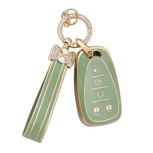PIFOOG Key Fob Cover for Chevy 5 Buttons Keys Shell Case TPU Bling Car Keychain Protector Accessories for Equinox Malibu Blazer Camaro Spark Traverse Trax Green Gold Women Men Cute - Image 1