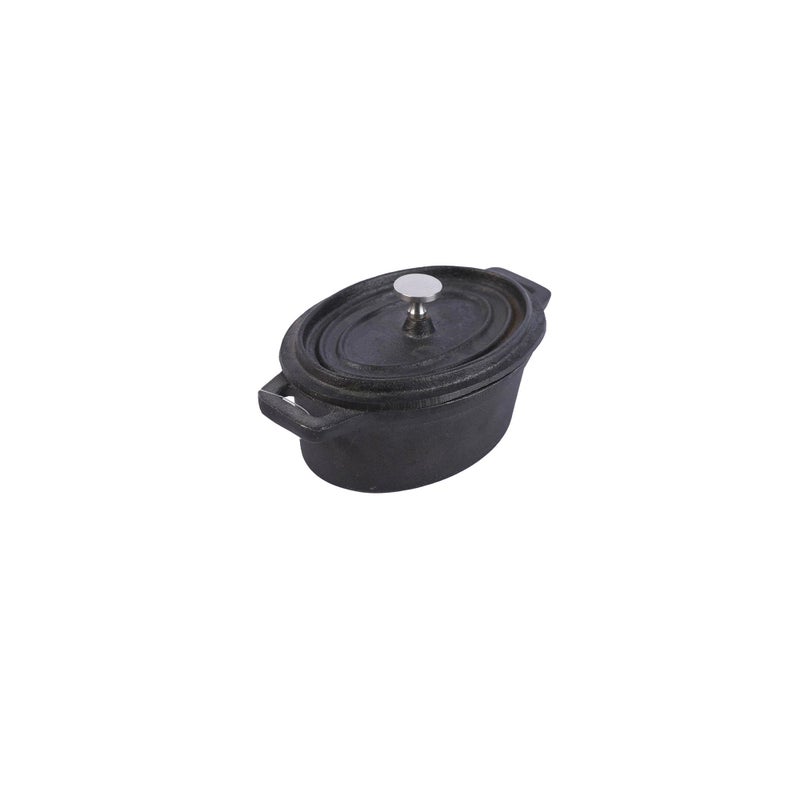 alsaifhome Cast Iron Pot with Lid, Small Oval Design, 12 cm Size, Even Heat Distribution, For Cooking and Serving – Black - Image 1