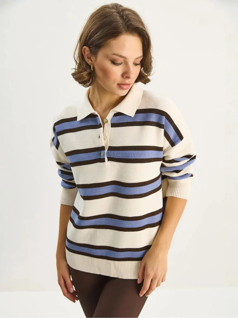 Bianco Lucci LUCCI Polo Collar Long Sleeve Knit Sweater