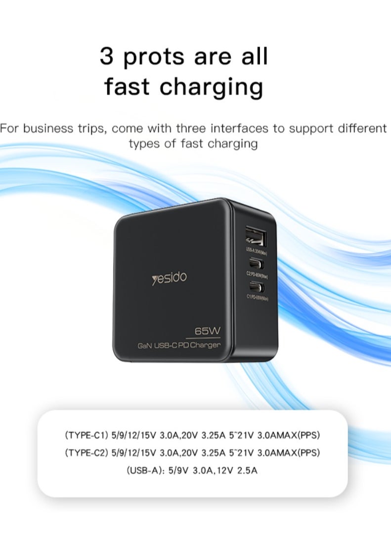 Yesido - Yesido YC42 GaN 3 Ports Charger 3 in 1 Replacible charging plug 65W Mini Fast Charger For EU US UK - Image 1