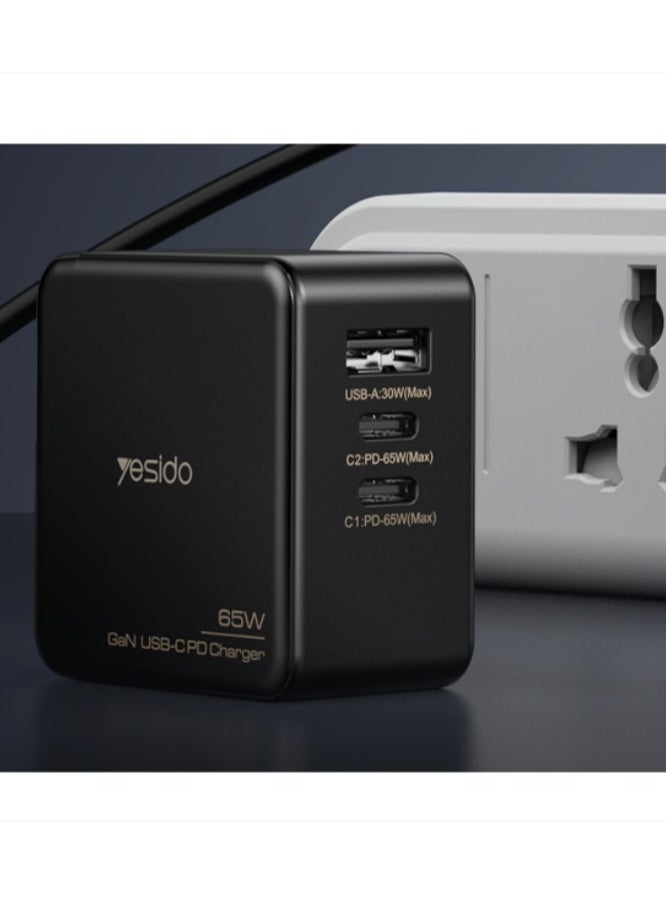 Yesido - Yesido YC42 GaN 3 Ports Charger 3 in 1 Replacible charging plug 65W Mini Fast Charger For EU US UK - Image 1