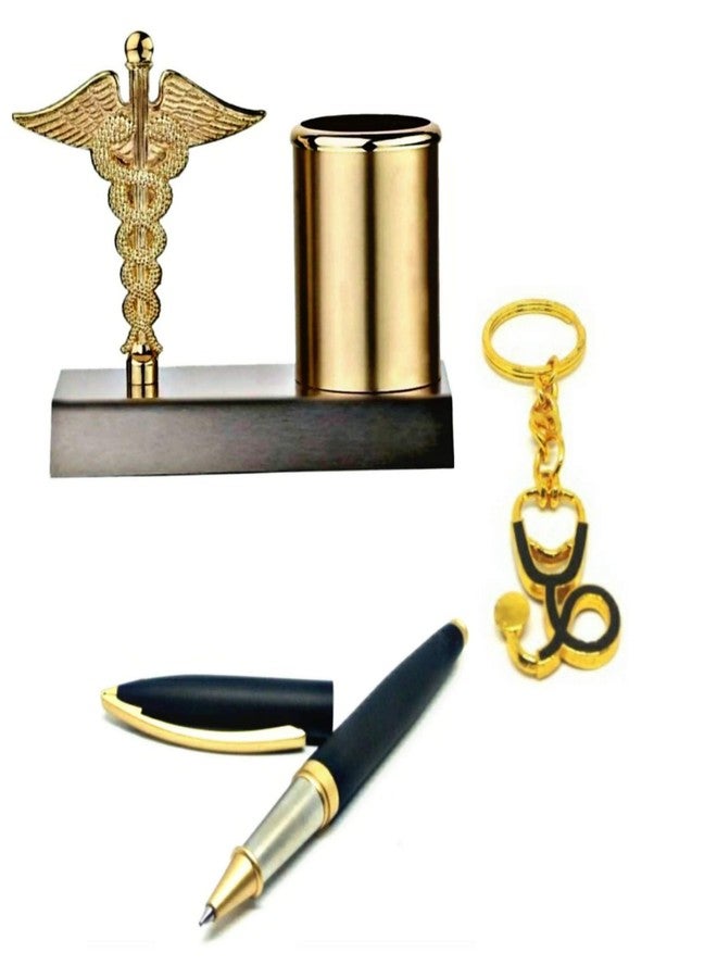 SMART WORLD Caduceus Designed Desk Organizer with Black Matt Roller Ball Pen & Stethoscope Keychain(3in1 Gift Set) for Gifting Specially for Doctors clinics,Hospital Receptions Medical Student,Birthdays - Image 1