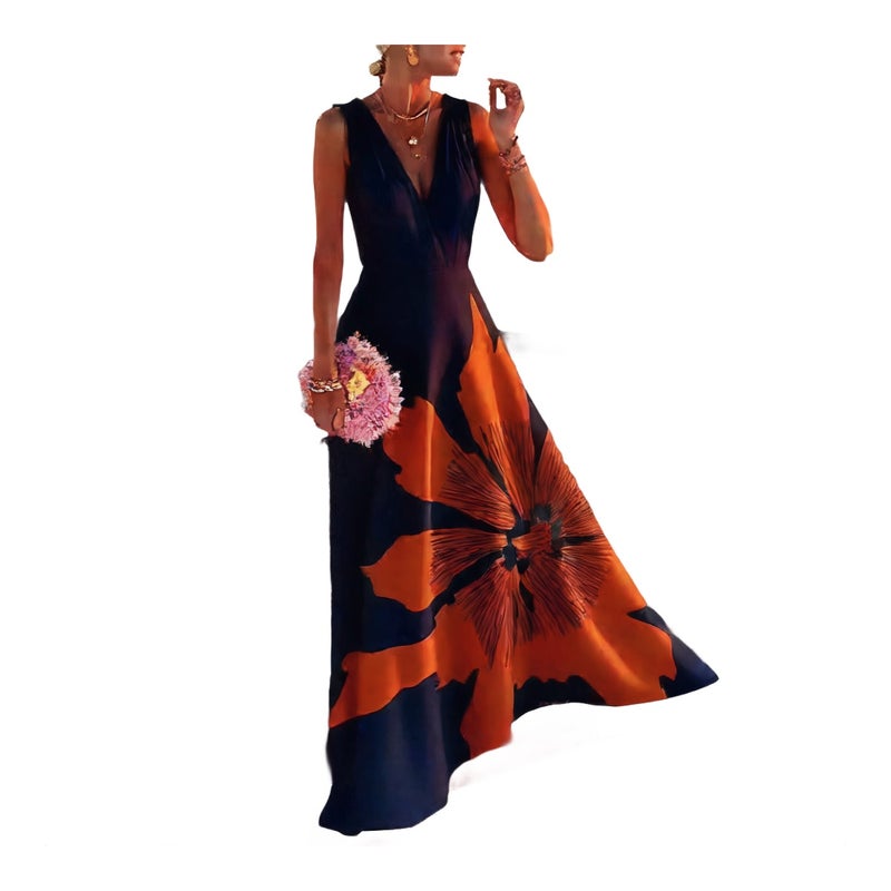 Women's Printed V-Neck Sleeveless Maxi Dress Summer Vacation Long Dress - Image 1