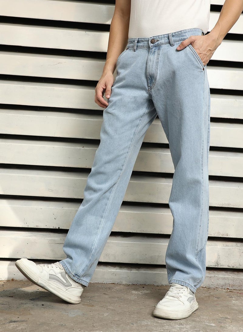 HIGH STAR Men's Indigo 100% Cotton Bleached Full Length Straight Fit Jeans - Image 3
