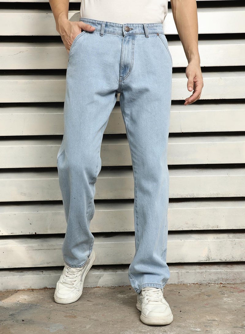 HIGH STAR Men's Indigo 100% Cotton Bleached Full Length Straight Fit Jeans - Image 2