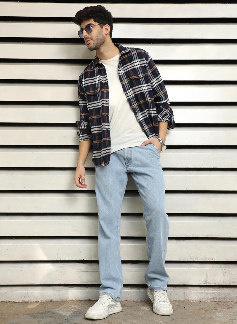 HIGH STAR Men's Indigo 100% Cotton Bleached Full Length Straight Fit Jeans - Image 1