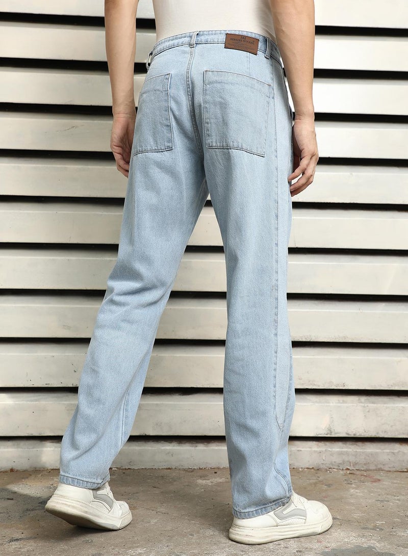 HIGH STAR Men's Indigo 100% Cotton Bleached Full Length Straight Fit Jeans - Image 5