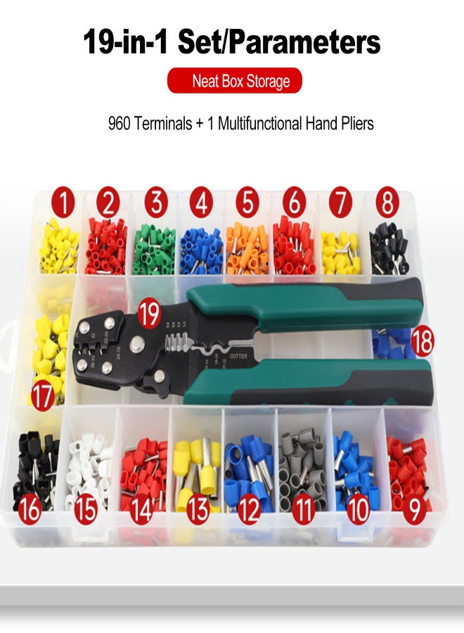 Crimper Tool Kit Crimp Ferrule Including 18 Types 960Pcs Insulated Wire Terminals Self Adjusting Crimping Plier Set Tool Guage 0.5-10mm² - Image 4