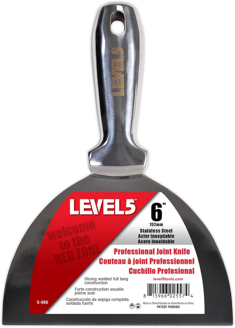 Level-5 6" All Stainless Steel Joint Knife - | Professional Grade Putty Blade, Premium Polished All-Metal, Precision Ground Edge, Ergonomic, Corrosion Resistant | 5-406 - Image 1