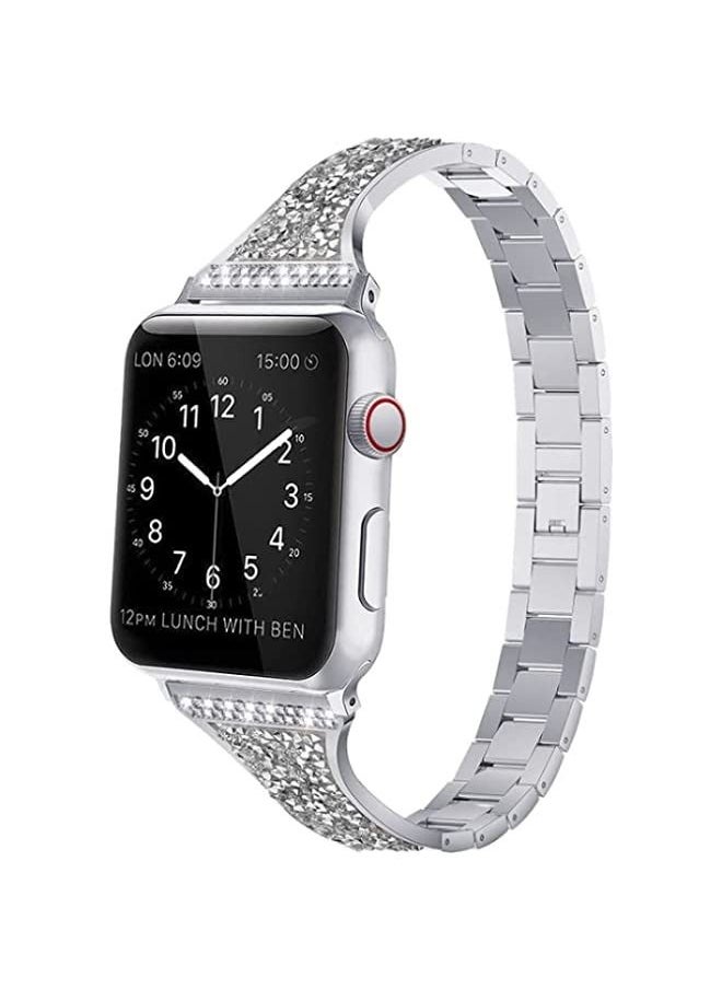 Generic - Band Diamond Encrusted Leather Strap Watch Band For Apple Watch Series 8 | 7 41mm | SE 2 | 6 | SE | 5 | 4 40mm | 3 | 2 | 1 38mm Silver - Image 1