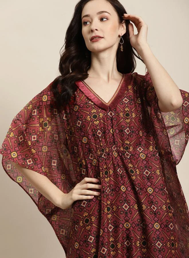 SASSAFRAS All Over Print Tassel Trim V Neck Kaftan with Slip by Styli