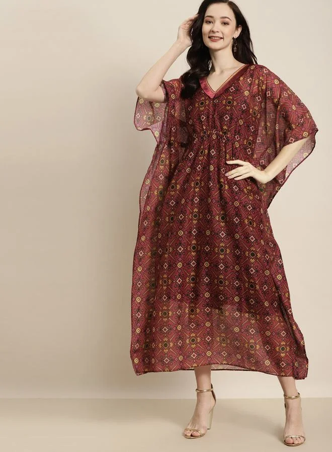 SASSAFRAS All Over Print Tassel Trim V Neck Kaftan with Slip by Styli