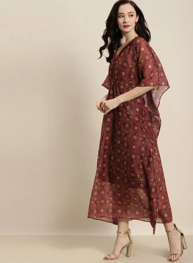 SASSAFRAS All Over Print Tassel Trim V Neck Kaftan with Slip by Styli