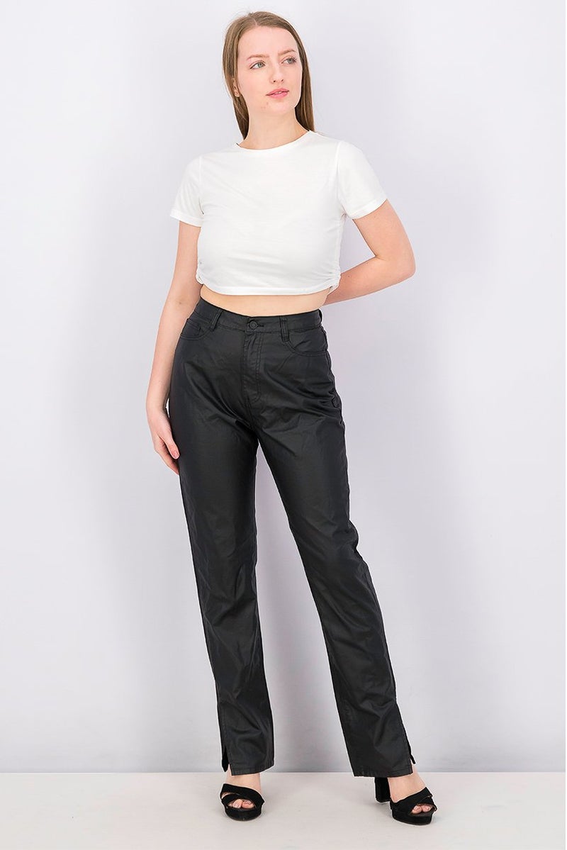Missguided Women Regular Leg Coated Side Split Pants, Black - Image 3