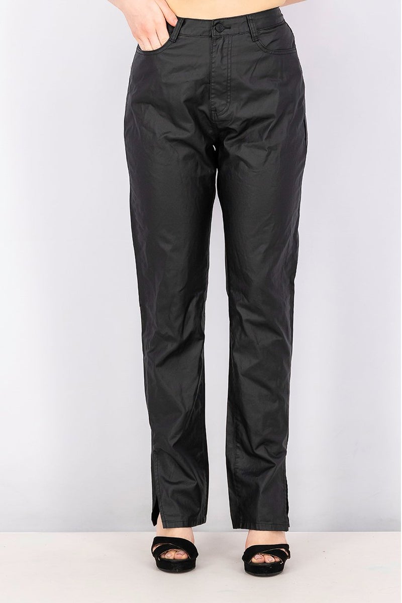 Missguided Women Regular Leg Coated Side Split Pants, Black - Image 1