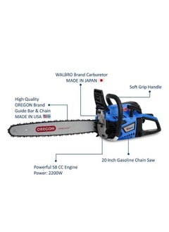 VTOOLS 20 Inch 58 Cc 2-Stroke Handheld Gasoline/Petrol Powered Chainsaw Cutter With Oregon Chain For Cutting Trees Wood And Logs  - Image 2