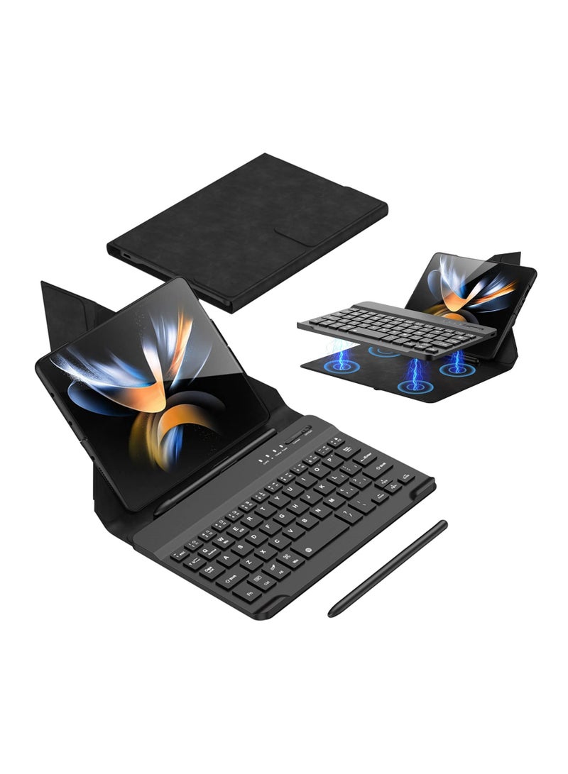 2+1, Bluetooth Keyboard Case for Samsung Galaxy Z Fold 5/ Z Fold 4 / Fold 3 with Bluetooth Keyboard and Pen, Leather Portable Travel Foldable Keyboard Case with Pen Slot (Fold 5/Fold 4/Fold 3, Black) - Image 1