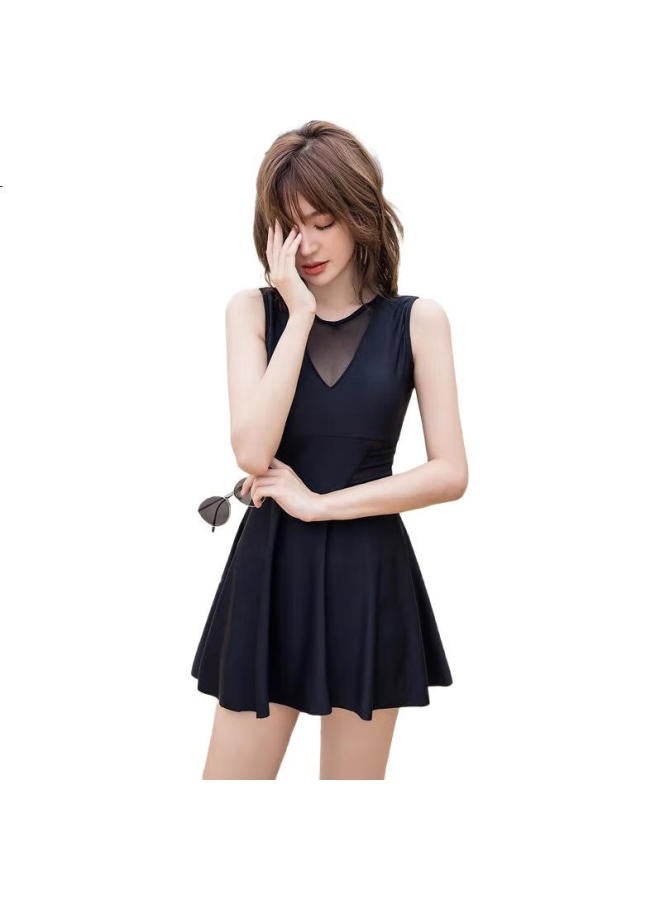 Dk Women'S Swimsuit Small Chest, Conservative, Tummy-Covering, Slimming, Korean Style, Hot Spring, One-Piece Dress-Style Swimwear, Black, Xxl - Image 2