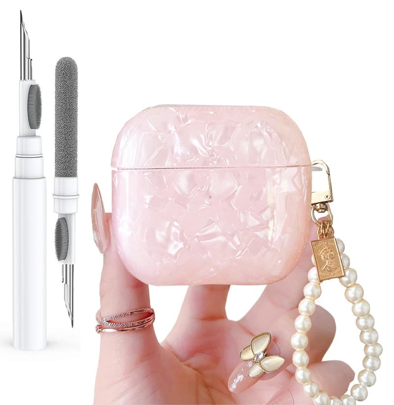 Olytop for Cute Glitter Airpods 4 Case 2024 with Cleaner Pen, Shell Pattern Apple Airpods iPod 4th Generation Case Cover Protective Skin Girl Women with Luxury Pearl Keychain, Pink - Image 1