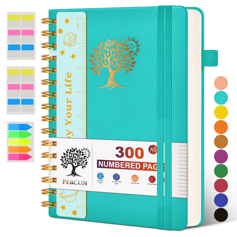 PERCUN Spiral Notebook Journal for Women Men, 300 Numbered Lined Pages, College Ruled, A5 Hardcover Spiral Bound Notebook for School, Work, Note Taking Writing, Leather Spiral Journal Medium 5.9"x8.5" - Image 1