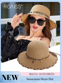 roaiss Beach Bow Hat for Women with Shell Pearl Decoration, Wide Brim Sun Straw Hat, Floppy Foldable Idyllic Style Summer Vacation Casual Holiday Beach Cap Straw Hats  - Image 1