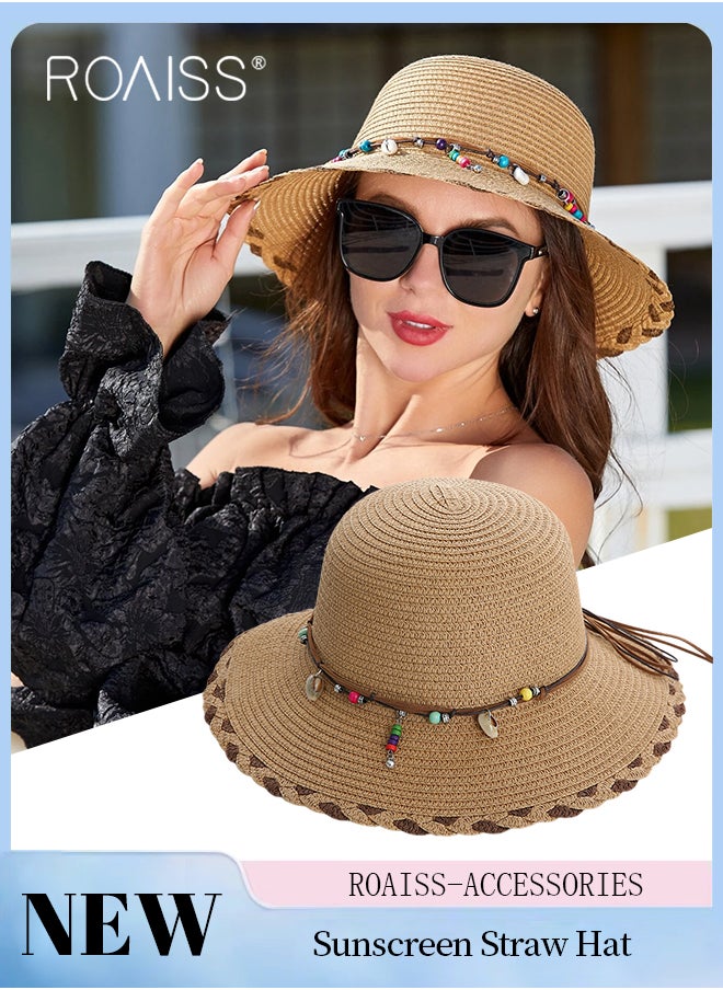 roaiss - Beach Bow Hat for Women with Shell Pearl Decoration, Wide Brim Sun Straw Hat, Floppy Foldable Idyllic Style Summer Vacation Casual Holiday Beach Cap Straw Hats - Image 1