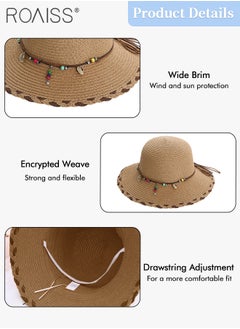 roaiss Beach Bow Hat for Women with Shell Pearl Decoration, Wide Brim Sun Straw Hat, Floppy Foldable Idyllic Style Summer Vacation Casual Holiday Beach Cap Straw Hats  - Image 5