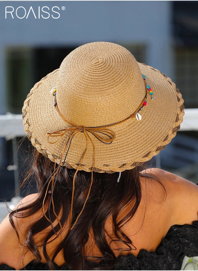 roaiss - Beach Bow Hat for Women with Shell Pearl Decoration, Wide Brim Sun Straw Hat, Floppy Foldable Idyllic Style Summer Vacation Casual Holiday Beach Cap Straw Hats - Image 1