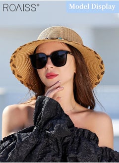 roaiss Beach Bow Hat for Women with Shell Pearl Decoration, Wide Brim Sun Straw Hat, Floppy Foldable Idyllic Style Summer Vacation Casual Holiday Beach Cap Straw Hats  - Image 2
