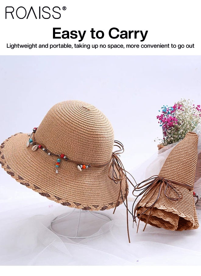 roaiss - Beach Bow Hat for Women with Shell Pearl Decoration, Wide Brim Sun Straw Hat, Floppy Foldable Idyllic Style Summer Vacation Casual Holiday Beach Cap Straw Hats - Image 1