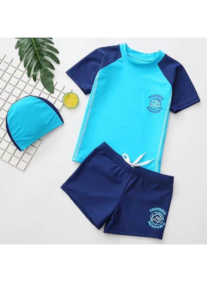 Yuke Children's Swimwear, Boys' Two-piece Set, For Older Kids, Includes Cooling Towel, Small Water Gun, Storage Bag, Blue, XL - Image 1