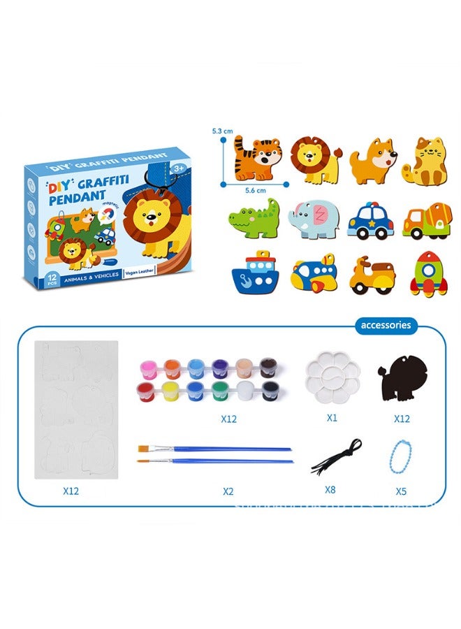 Premium DIY Leather Graffiti Fridge Magnet Toys Set - Creative Animal & Vehicle Designs, Educational Craft Kit for Kids, Multi-Functional Home & School Decor (12 Pendants, 12 Colors Paint, Magnetic Stickers)  - Image 1